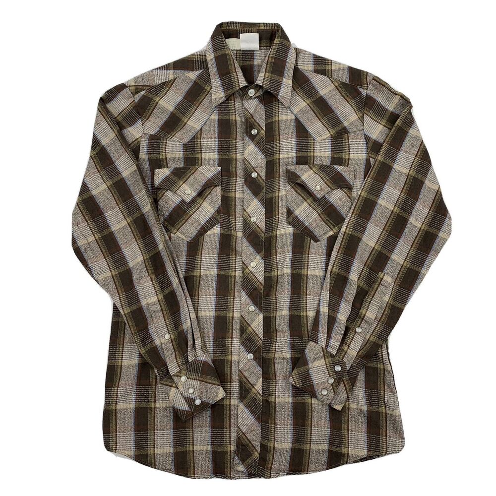 Vintage Kennington Mens Western Wear Brown Plaid Long Sleeve Pearl Snap Shirt M